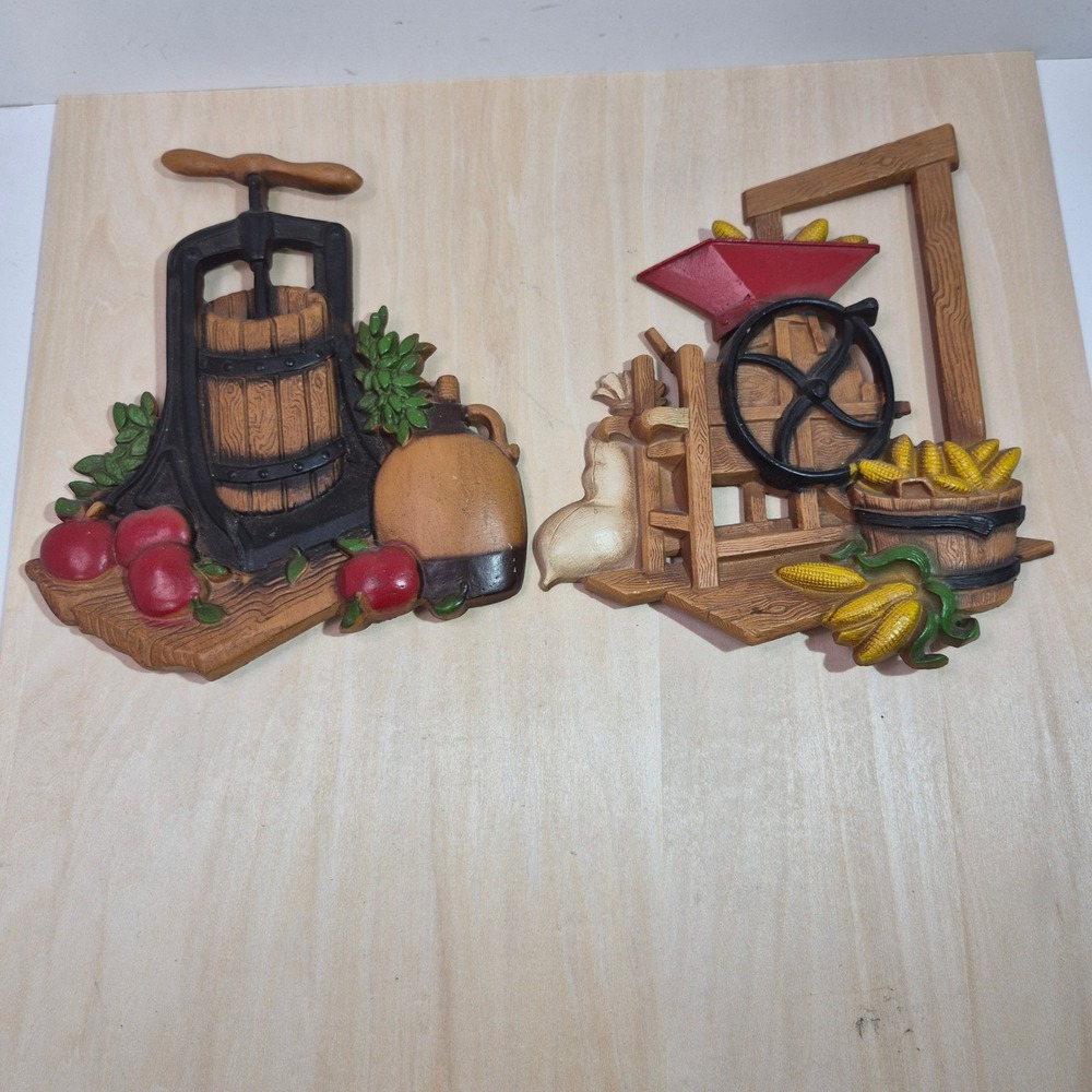 HOMCO Farmhouse Wall Decor Set Apple Press Corn Grinder Rustic Kitchen Art